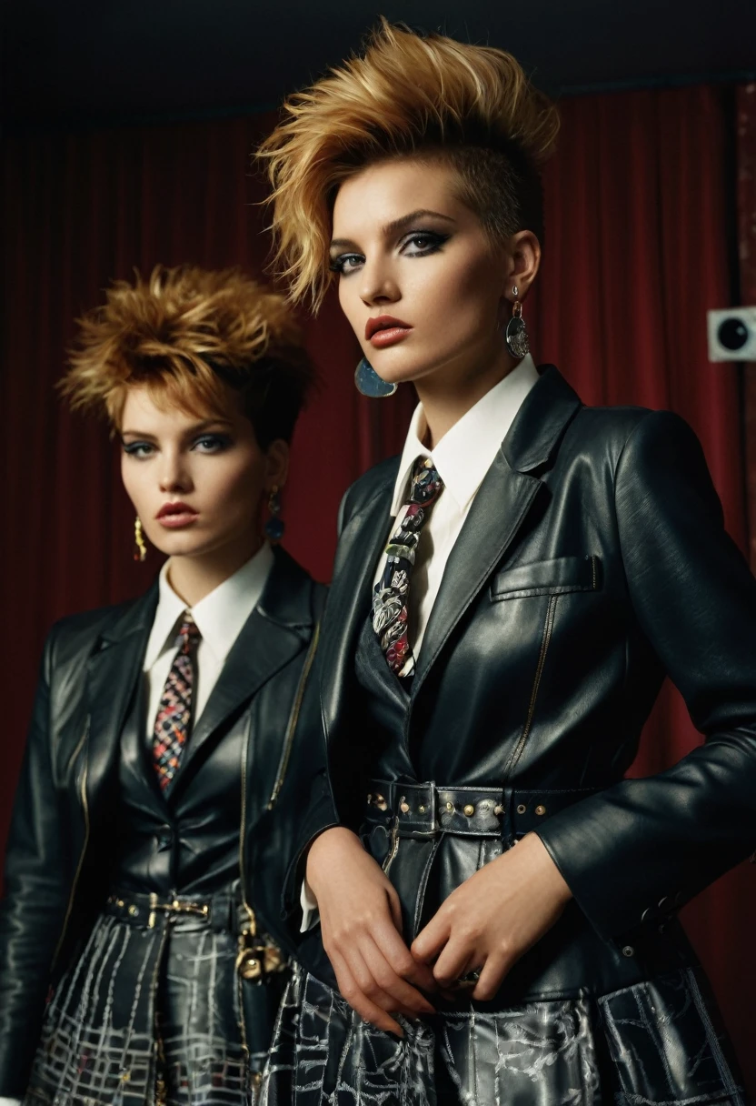blond haired woman in a black leather jacket and tie and a woman in a plaid dress, official versace editorial, official prada editorial, leather clothing, dolce & gabbana campaign, official dior editorial, by Emma Andijewska, as fashion editorial 90s, editorial fashion photography, leather clothes, fashion magazine editorial, fashion editorial photography, fashion editorial, punk inspired, leather jackets