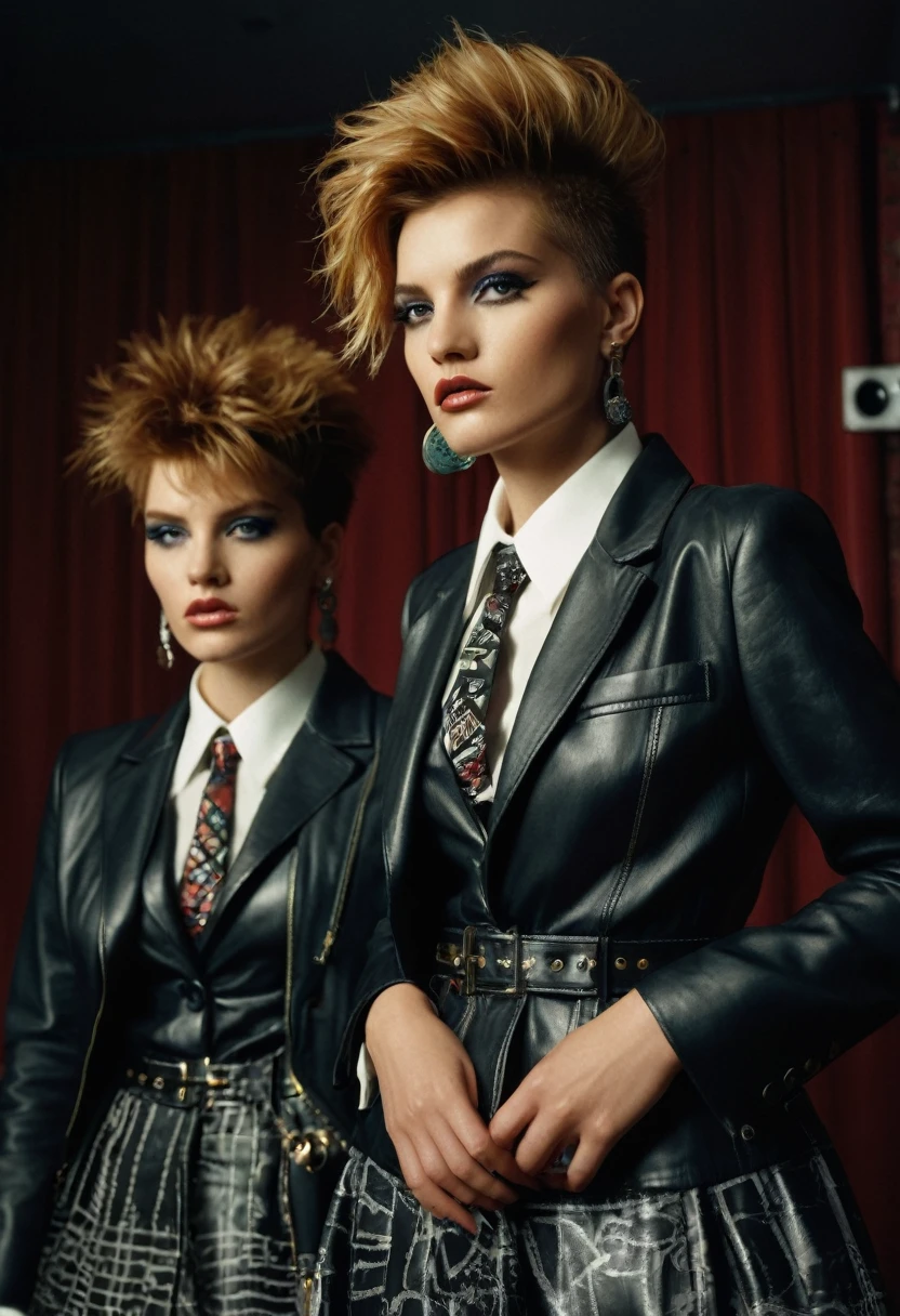 blond haired woman in a black leather jacket and tie and a woman in a plaid dress, official versace editorial, official prada editorial, leather clothing, dolce & gabbana campaign, official dior editorial, by Emma Andijewska, as fashion editorial 90s, editorial fashion photography, leather clothes, fashion magazine editorial, fashion editorial photography, fashion editorial, punk inspired, leather jackets