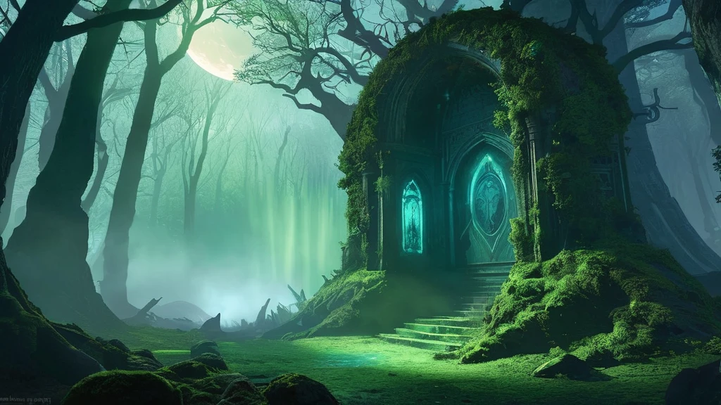 Create an image depicting an alien anomaly amidst a dark medieval fantasy forest:

I
 ancient forest shrouded in mist and shadows, an eerie anomaly has materialized—a portal from another world. The portal, pulsating with strange, ethereal lights, stands juxtaposed against gnarled, ancient trees and overgrown foliage that evoke a sense of timeless mystique.

The scene is bathed in the dim glow of a crescent moon, casting faint beams through the thick canopy, illuminating patches of moss-covered ground and ancient ruins scattered throughout the forest. Shadows dance eerily around the anomaly, hinting at unseen creatures and whispered secrets.

In this medieval fantasy realm, where magic and mystery intertwine, the alien anomaly serves as a stark contrast—a doorway to realms beyond comprehension, sparking curiosity and fear among those who dare to venture close. Capture the haunting beauty and otherworldly essence of this scene in your AI-generated image, blending elements of medieval fantasy with cosmic intrigue and the unknown.