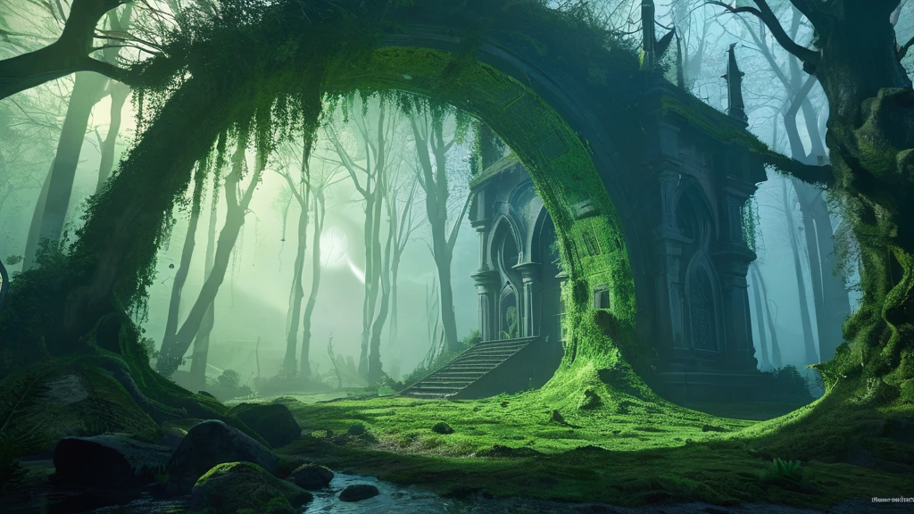 Create an image depicting an alien anomaly amidst a dark medieval fantasy forest:

I
 ancient forest shrouded in mist and shadows, an eerie anomaly has materialized—a portal from another world. The portal, pulsating with strange, ethereal lights, stands juxtaposed against gnarled, ancient trees and overgrown foliage that evoke a sense of timeless mystique.

The scene is bathed in the dim glow of a crescent moon, casting faint beams through the thick canopy, illuminating patches of moss-covered ground and ancient ruins scattered throughout the forest. Shadows dance eerily around the anomaly, hinting at unseen creatures and whispered secrets.

In this medieval fantasy realm, where magic and mystery intertwine, the alien anomaly serves as a stark contrast—a doorway to realms beyond comprehension, sparking curiosity and fear among those who dare to venture close. Capture the haunting beauty and otherworldly essence of this scene in your AI-generated image, blending elements of medieval fantasy with cosmic intrigue and the unknown.