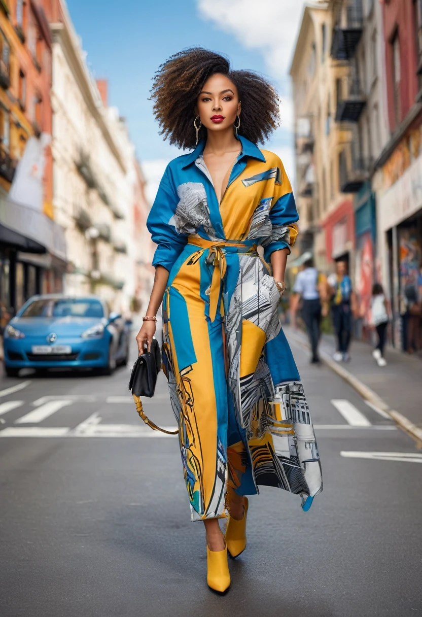"A stylish  young beautiful woman in a stylish outfit walking down city street. She exudes confidence and flair, with street art and  architecture in the background. The photo captures the energy and vibrancy of street style fashion.", full length 