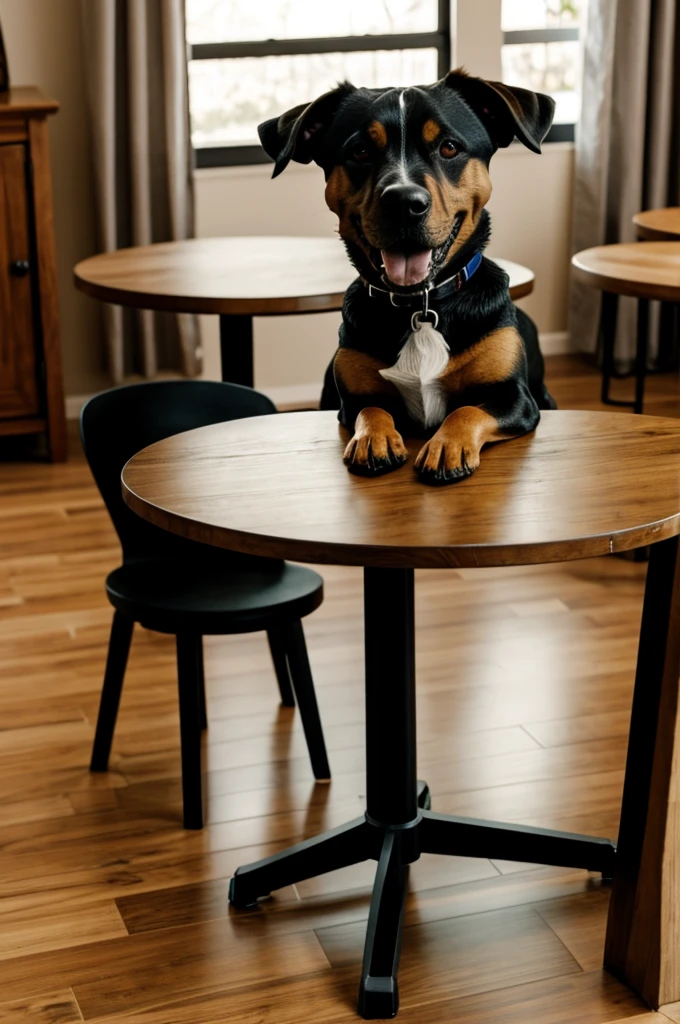 A dog sitting at a table as if it were a human 