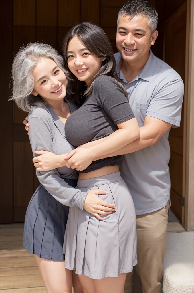 (One girl,Huge breasts,Torpedo chest,,Small Face,skirt),(male、elder、Gray Hair、Grinning smile、Chubby body、Put your hands inside your skirt、Hugging a girl from behind、Massage the breasts)