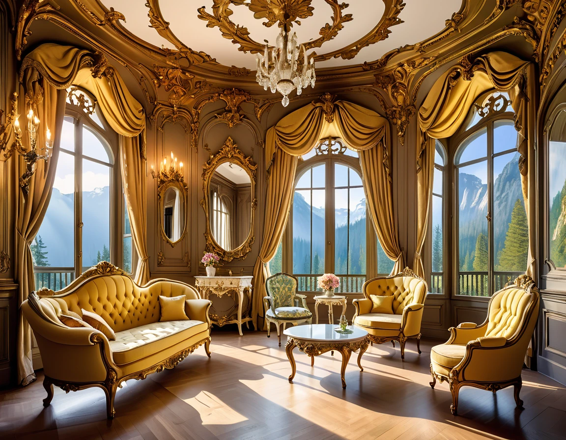 A sofa and a chair in a room with a large window, luxurious baroque rococo setting, Rococo style, ornate retreat, Rococo and Art Nouveau fusion, rococo architecture, ornate furniture, rococo and baroque styles, neo-rococo expressionist style, Rococo and Art Nouveau, Yosemite National Park in the background, exquisitely ornate, rococo baroque, elegant and ornate