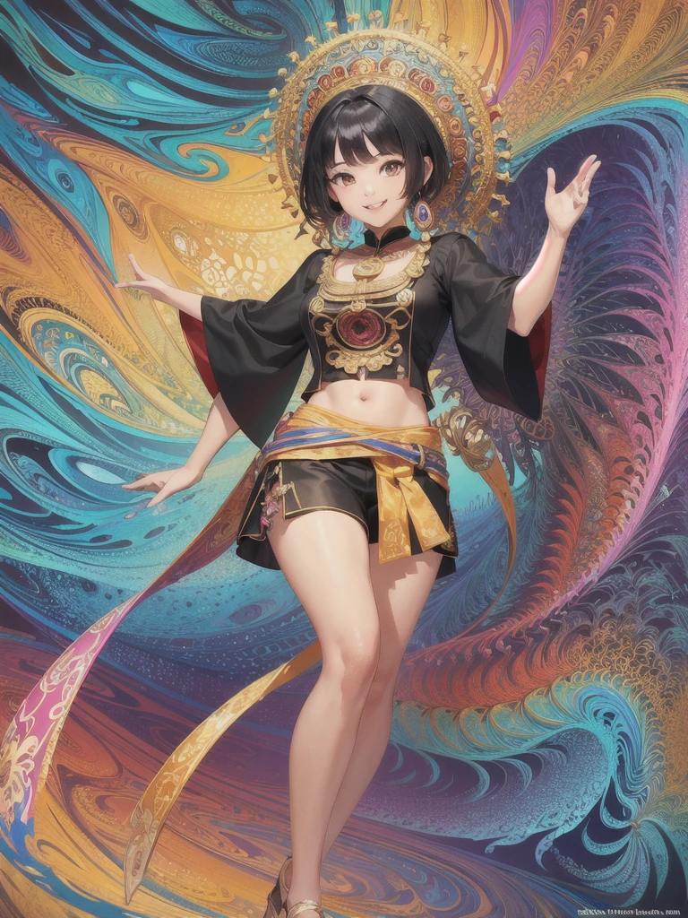 (masterpiece, top quality, best quality, official art, very colorful, wide angle, top to toes, beautiful and aesthetic:1.2), (1girl:1.3), (fractal art:1.3), Javanese with brown eyes, black short hair, and brown skin. She's 18 years old. Wearing Javanese traditional clothes, croptop, under , navel, thighs, legs. Smiling happily.