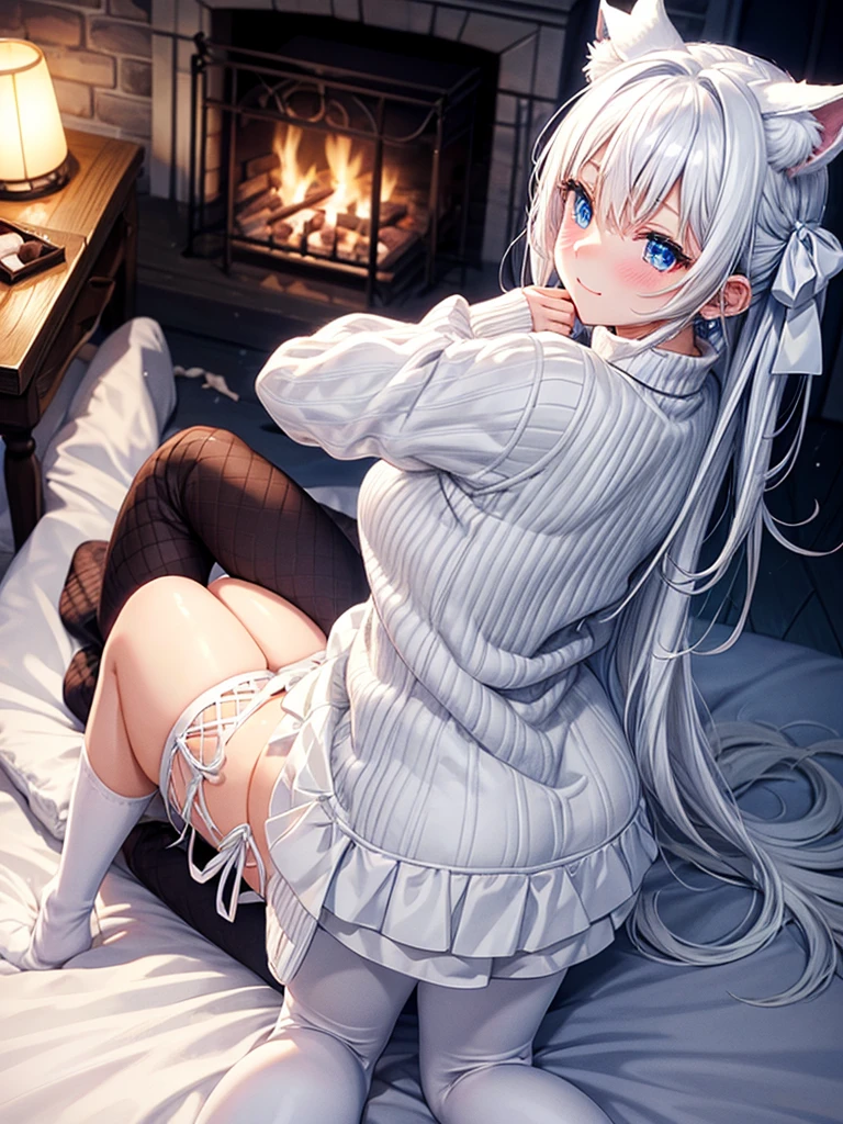 Anime, 1girl, backside view, white hair, blue eyes, glowing eyes, fishnet leggings, white winter sweater, mini-skirt, white underwear, slight smile, blush, cozy house, fireplace, white neck bow, white fox ears, black tight leggings, blue glowing, bedroom, back view, pillows, steaming hot cocoa, candy cane, lit candles, snowflake patterned blanket, chocolate bar,