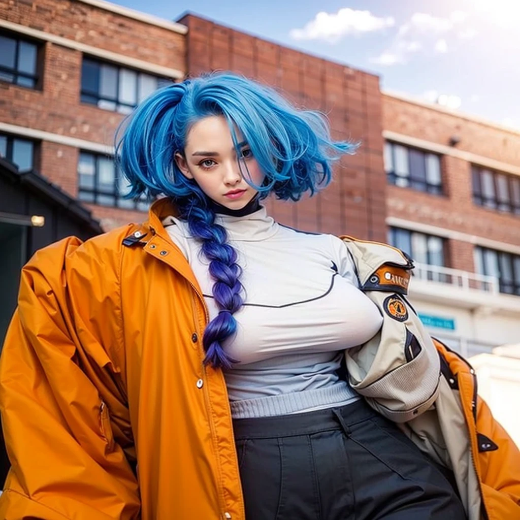 Cute girl with blue hair and orange jacket standing in front of a building, realistic
