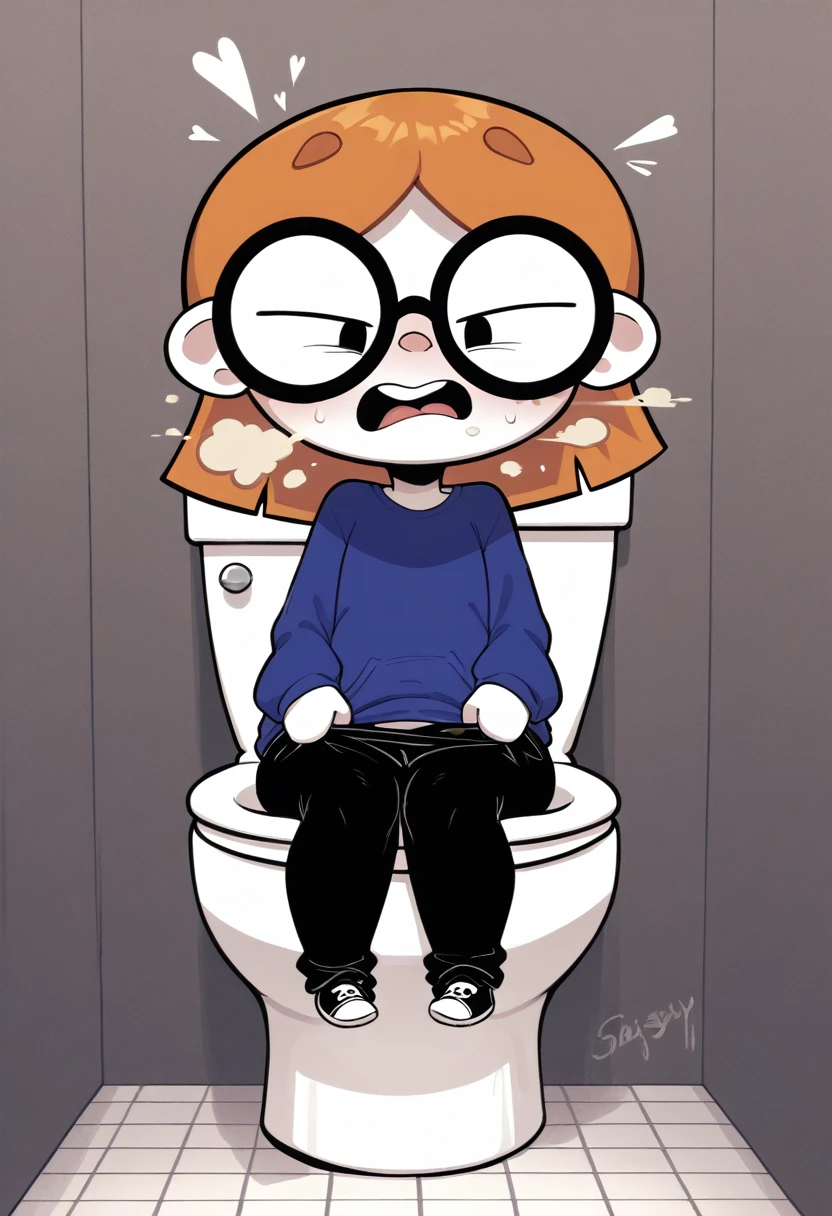 illymation, orange, hair, round black glasses, white skin, shortstack, blue shirt, black pants, short hair, farting, yellow gas, pooping, sitting on toilet, gassy, fart, pants pulled off, cartoon style