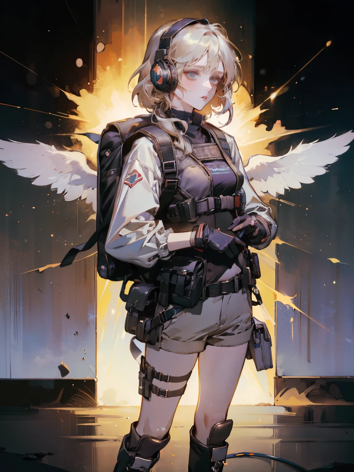 ((high quality)), ((masterpiece)), 8k, 2girls, bulletproof vest, light rays, extremely detailed CG unity 8k wallpaper, game cg, looking at viewer, gloves, boots, full body, watch, computer, mask, drone, holding weapon, headphones, jacket, bag, backpack,