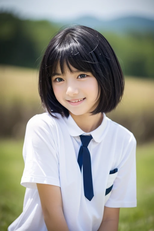 8K、Japanese、The whole body is visible(Beautiful Japanese Girl、Body sideways、profile、Landscape and innocence、cute), Ultra-high resolution,Realistic,Ultra-detailed、Highest quality,Very detailed、Detailed Background、slender、Very Beautiful Japanese Girl、Detailed face:1.3), (Short hair fluttering in the wind、Black-haired:1.4), (Baby Face、Cute、Adorable 14 year old girl), (Perfect body: 1.1), (White T-shirt,Wearing dark blue hot pants), A shy smile、Show me your beautiful teeth、Very detailed face、Detailed lips、Detailed eyes、Clear Skin、Bending his knees and lowering his hips to tie his shoelaces、Focus on the buttocks and beautiful thighs、Full-body portrait in landscape orientation、countryside