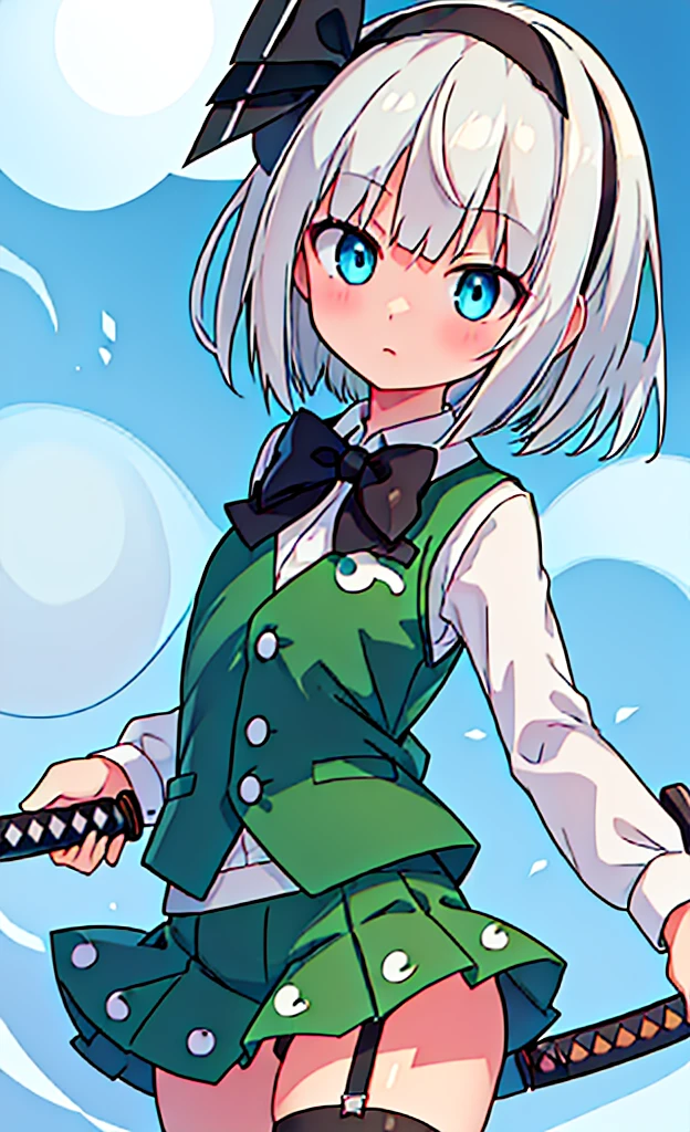 masterpiece,Highest quality,1 Girl,alone,Pokémon-like art style,(bold:1.6),(flat:1.5), gigantic breasts, WHITE HAIR,SHORT HAIR,HAIR RIBBON,HAIRBAND, GREEN EYES,BOW,WHITE SHIRT,GREEN VEST,GREEN SKIRT, KONPAKU YOUMU (GHOST), SHORT_HAIR, RIBBON, HAIRBAND, BLACK_HAIRBAND, HAIR_RIBBON, BLACK_RIBBON, BANGS, WHITE_HAIR, VEST, BLUE_EYES, GREEN_VEST, SWORD, KATANA, HITODAMA, BOW, BLUSH, BLACK_BOW, GREY_HAIR,