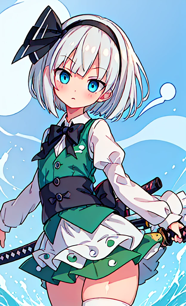 masterpiece,Highest quality,1 Girl,alone,Pokémon-like art style,(bold:1.6),(flat:1.5), gigantic breasts, WHITE HAIR,SHORT HAIR,HAIR RIBBON,HAIRBAND, GREEN EYES,BOW,WHITE SHIRT,GREEN VEST,GREEN SKIRT, KONPAKU YOUMU (GHOST), SHORT_HAIR, RIBBON, HAIRBAND, BLACK_HAIRBAND, HAIR_RIBBON, BLACK_RIBBON, BANGS, WHITE_HAIR, VEST, BLUE_EYES, GREEN_VEST, SWORD, KATANA, HITODAMA, BOW, BLUSH, BLACK_BOW, GREY_HAIR, 