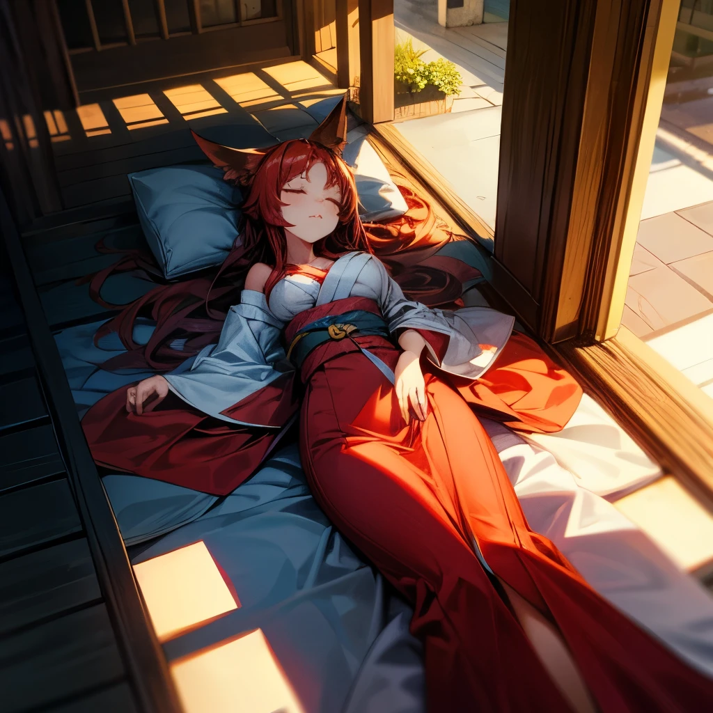 Girl with long red hair, amber eyes, fox ears, bald tail, Red kimono, lies, closed eyes, sleeping, on the porch, Outdoors, sleeping on the porch, sleeping на полу, a slim body, medium breasts, Ogolenníy life