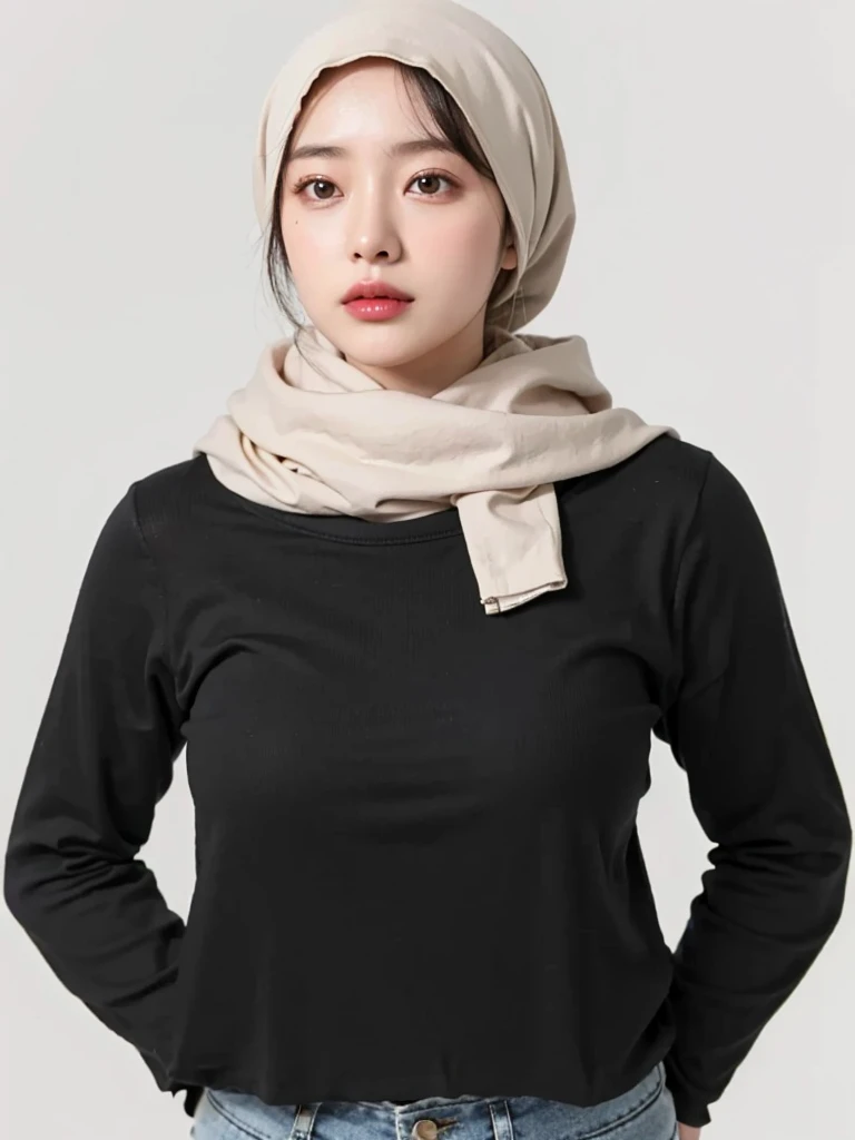 (Best quality, 8k, 32k, Masterpiece, UHD:1.2),Photo of Pretty Japanese hijab woman, large breasts, oversize crew t shirt. 