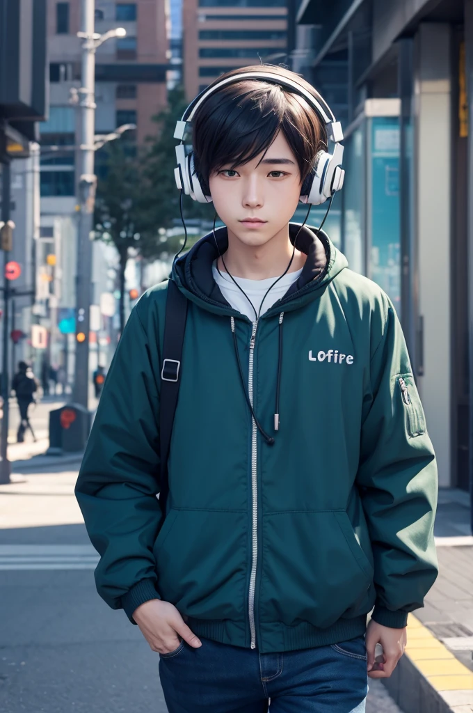 Lofi anime boy wearing headphones in city created using generative ai technology, moving