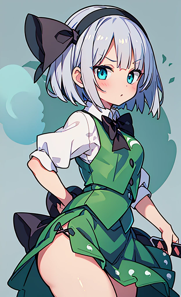 masterpiece,Highest quality,1 Girl,alone,Pokémon-like art style,(bold:1.6),(flat:1.5), gigantic breasts, WHITE HAIR,SHORT HAIR,HAIR RIBBON,HAIRBAND, GREEN EYES,BOW,WHITE SHIRT,GREEN VEST,GREEN SKIRT, KONPAKU YOUMU (GHOST), SHORT_HAIR, RIBBON, HAIRBAND, BLACK_HAIRBAND, HAIR_RIBBON, BLACK_RIBBON, BANGS, WHITE_HAIR, VEST, BLUE_EYES, GREEN_VEST, SWORD, KATANA, HITODAMA, BOW, BLUSH, BLACK_BOW, GREY_HAIR, 