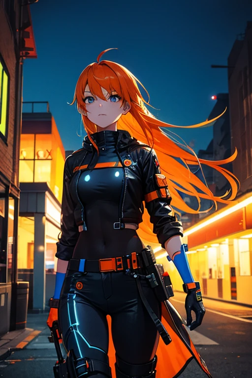 Girl with orange hair, Blue Cyberpunk Outfit, In the colorful grassland, At night