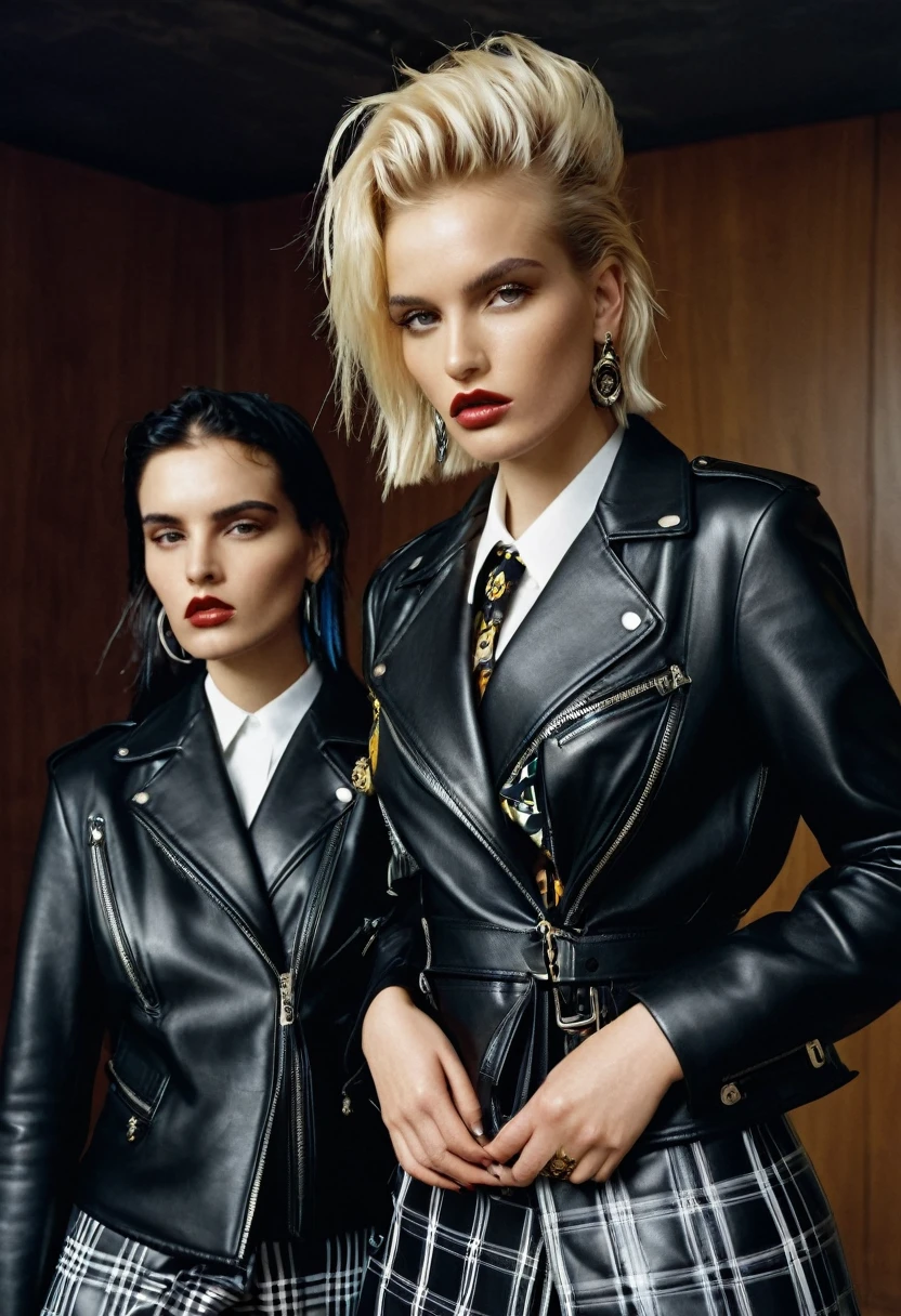 blond haired woman in a black leather jacket and tie and a woman in a plaid dress, official versace editorial, official prada editorial, leather clothing, dolce & gabbana campaign, official dior editorial, by Emma Andijewska, as fashion editorial 90s, editorial fashion photography, leather clothes, fashion magazine editorial, fashion editorial photography, fashion editorial, punk inspired, leather jackets