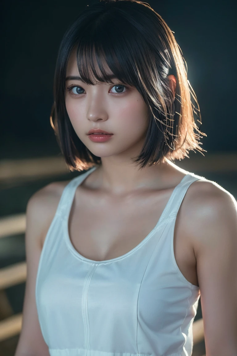 (highest quality:1.4), (masterpiece:1.4), (Realistic:1.4), (High resolution), (RAW Photos:1.4), (Ultra-detailed:1.2), (8k:1.2), Cinematic photography, 85mm lens, a photo of a dark-haired, hairstyle is a short bob, One girl, alone, (White shirt), ((Upper Body:1.3))