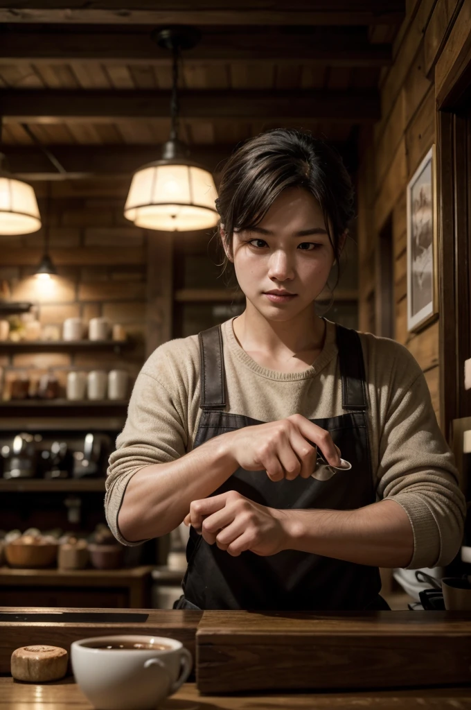 a coffee roaster in a warm, cozy cafe, steam rising from freshly roasted coffee beans, the aroma of toasted coffee fills the air, intricate details of the coffee making process, warm lighting, rustic wooden interior, barista pouring a cup of freshly brewed coffee, detailed coffee shop scene, photorealistic, 8k, highres, masterpiece, hyper realistic, cinematic lighting, moody atmosphere, natural organic textures, beautiful bokeh effect