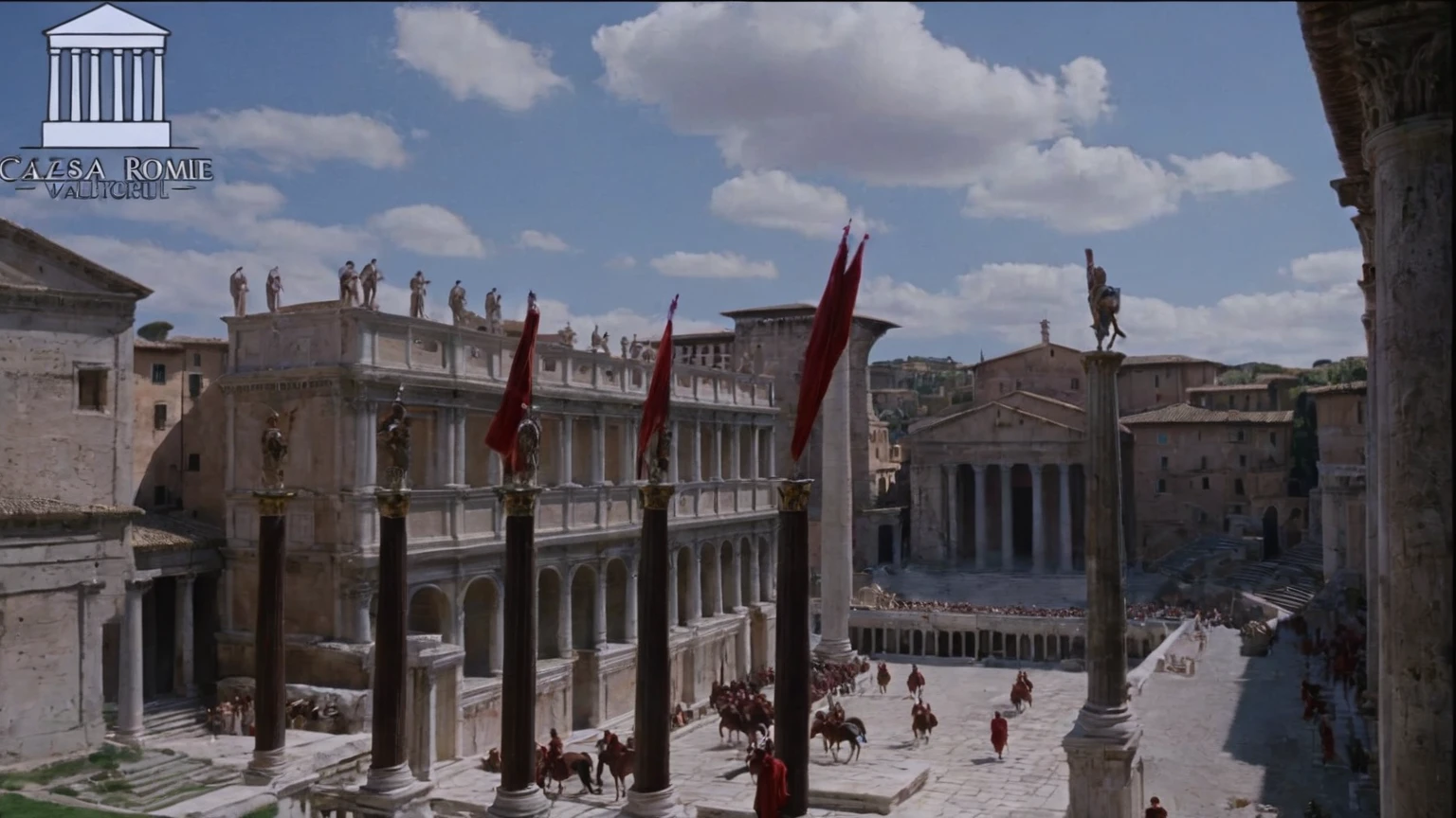 arafed scene of a man in a red outfit riding a horse, in screenshot from the 300 movie, opening scene, caesar victorious, fall of rome, movie screen shot, palatial scene, scene from supplizia, the fall of rome, roman city, market in ancient rome, ben hur, cinematic widescreen shot, ancient roman style