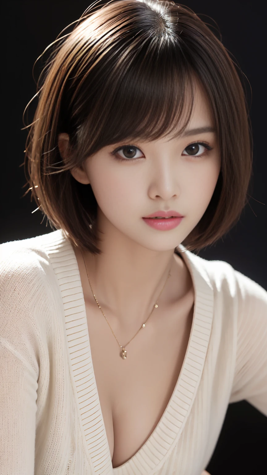 masterpiece, Highest quality, Super detailed, 複雑に詳細なSuper detailed, Realistic, Sharp features, Very detailed, Sharp focus, , Perfect Face, Perfect Face, Perfect symmetrical perfect eyes, Perfect Plump Lips, Flexible female form, Cinematic, Film Light, Super detailed, hyper Realistic, High resolution, Vibrant, Dynamic Studio Lighting, ((Dark Background)), short hair, Straight bangs, Cleavage, Brown eyes, White sweater, Cowboy Shot,