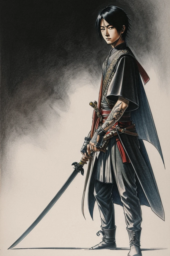 Create a tattoo sketch of muichiro tokito with his sword and fog