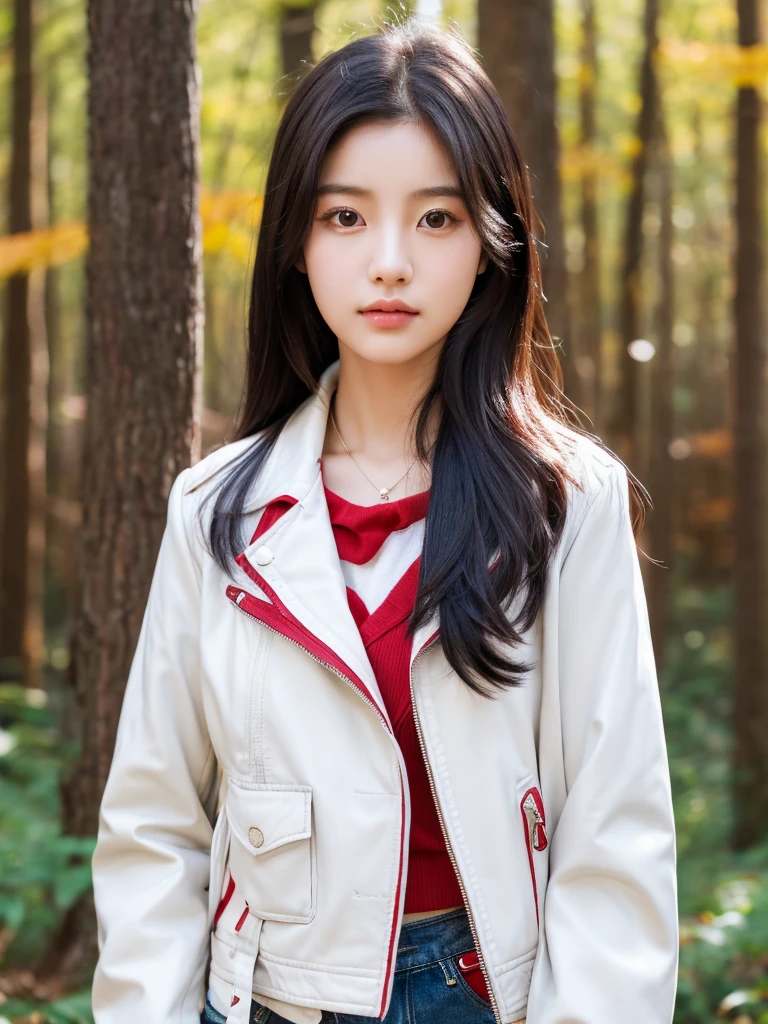 Korean girl with average chest, long black hair, and brown eyes. She stands in nature and strokes a white horse. The girl is wearing black jeans and a red riding jacket