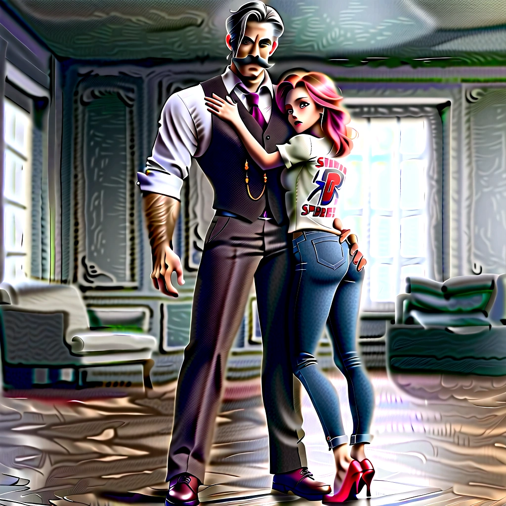 white man, middle-aged, short gray hair, tall, robust, mustache, wearing long-sleeved dress shirt, vest, dress pants and shoes, placing his hands on the ass of a red-haired white girl wearing a t-shirt with the Man's logo Spider, jeans and red high heels. In an office. In 8k quality.