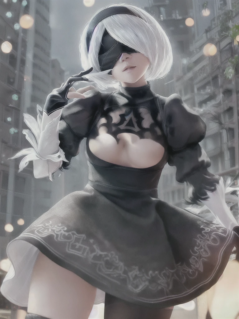 ((Highest quality)), ((masterpiece)), (detailed), One girl, sexy、(((yorha_phi._2_type_b)))、1 girl、solo、Nier Automata、Gray Hair、short hair、Blindfold、Black Dress、Black hair band、Covered Eyes、Robot Joints、Android、cyborg、Clothing cutouts、happiness、excited、profound、despair、City、ruinasterpiece、Highest quality、(High Resolution)、Absurd、4K、8K、16K、（Beautiful skin tone）、Beautiful Face、Beautiful body、Symmetrical face、gorgeous、Deep Eyes、amazing、Complex、非常にdetailedな、にdetailed、sharp、Smooth、sharpフォーカス、Real、
