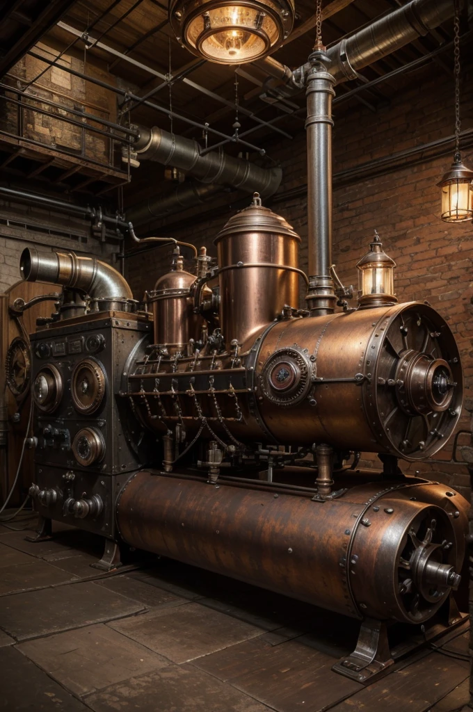 a vintage coffee roasting machine, detailed gears and copper piping, warm lighting, rich brown tones, film grain, intricate mechanisms, industrial steampunk aesthetic, aged and weathered surfaces, cinematic composition, detailed textures, dramatic shadows and highlights, moody atmosphere, industrial gears and machinery, antique copper accents, rustic wooden elements, mechanical precision, old-world craftsmanship, vintage industrial style, sepia toned, cinematic lighting, detailed engineering, antique metal finishes, worn and distressed surfaces