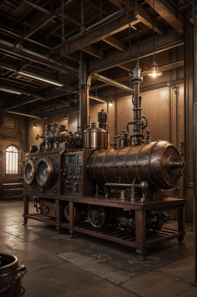 a vintage coffee roasting machine, detailed gears and copper piping, warm lighting, rich brown tones, film grain, intricate mechanisms, industrial steampunk aesthetic, aged and weathered surfaces, cinematic composition, detailed textures, dramatic shadows and highlights, moody atmosphere, industrial gears and machinery, antique copper accents, rustic wooden elements, mechanical precision, old-world craftsmanship, vintage industrial style, sepia toned, cinematic lighting, detailed engineering, antique metal finishes, worn and distressed surfaces