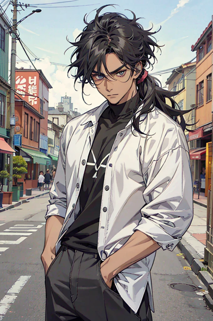 ((Artwork)), ((4K)), ((Anime style)), ((Detailed)), 1 man, dark skin, mullet hair, big nose, monolith eyes, medium lip, nose piercing , muscular body, has an oriental tattoo on his left arm, black sleeveless shirt, loose white pants with several pockets, hands in pockets, serious look, looking at the viewer, dynamic screen, city scene at night.