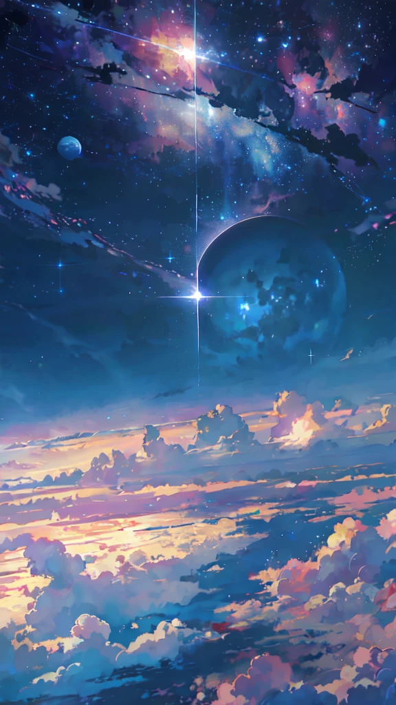 anime - style scene of a beautiful sky with a star and a planet, cosmic skies. by makoto shinkai, anime art wallpaper 4k, anime art wallpaper 4 k, anime art wallpaper 8 k, anime wallpaper 4k, anime wallpaper 4 k, 4k anime wallpaper, anime sky, amazing wallpaper, anime background, heaven planet in background, anime background art