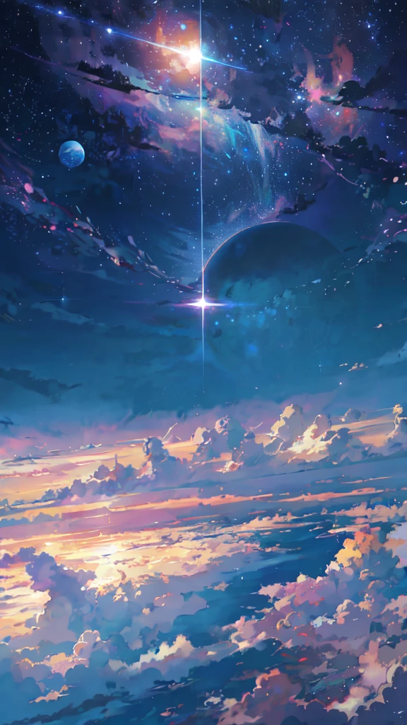 anime - style scene of a beautiful sky with a star and a planet, cosmic skies. by makoto shinkai, anime art wallpaper 4k, anime art wallpaper 4 k, anime art wallpaper 8 k, anime wallpaper 4k, anime wallpaper 4 k, 4k anime wallpaper, anime sky, amazing wallpaper, anime background, heaven planet in background, anime background art