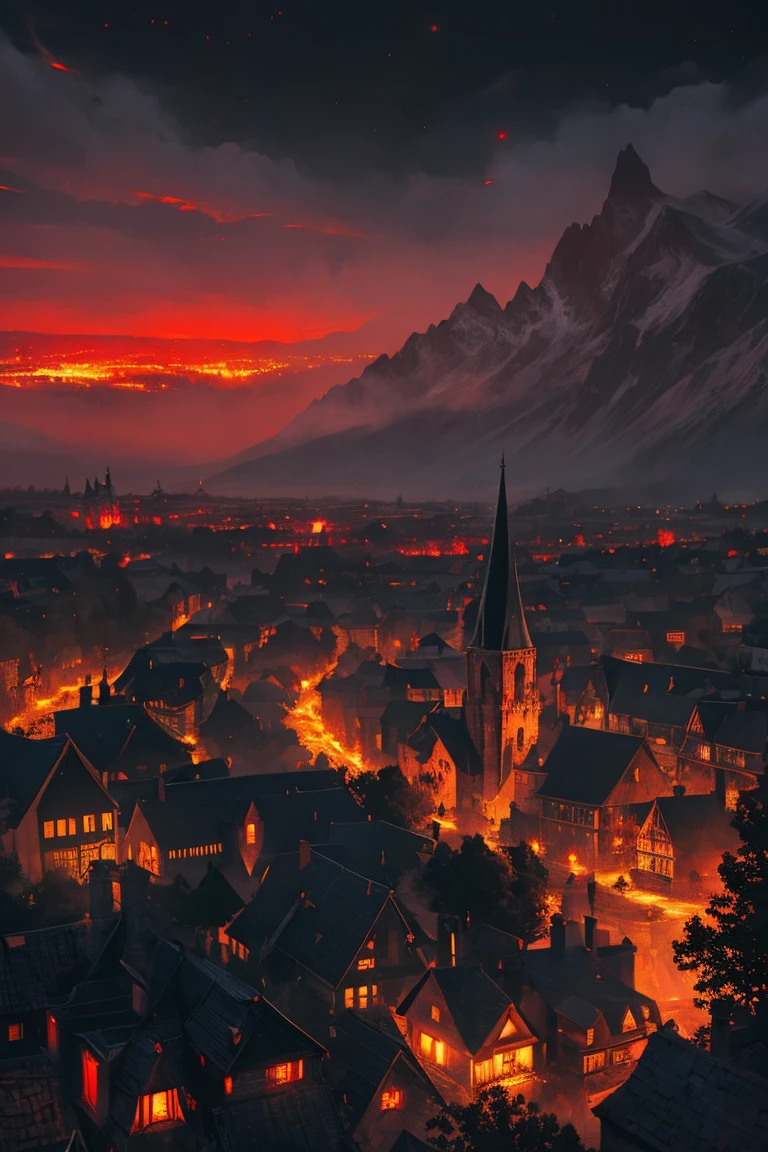 old European village shot with bird view, (Red glowing eyes), masterpiece, Depth of written boundary, Lutz, Gwaites style artwork, Gothic aesthetics, Dark Vampire village, ((in the dark gothic style cathle:1)), ((dark mid-night time:1.5)),