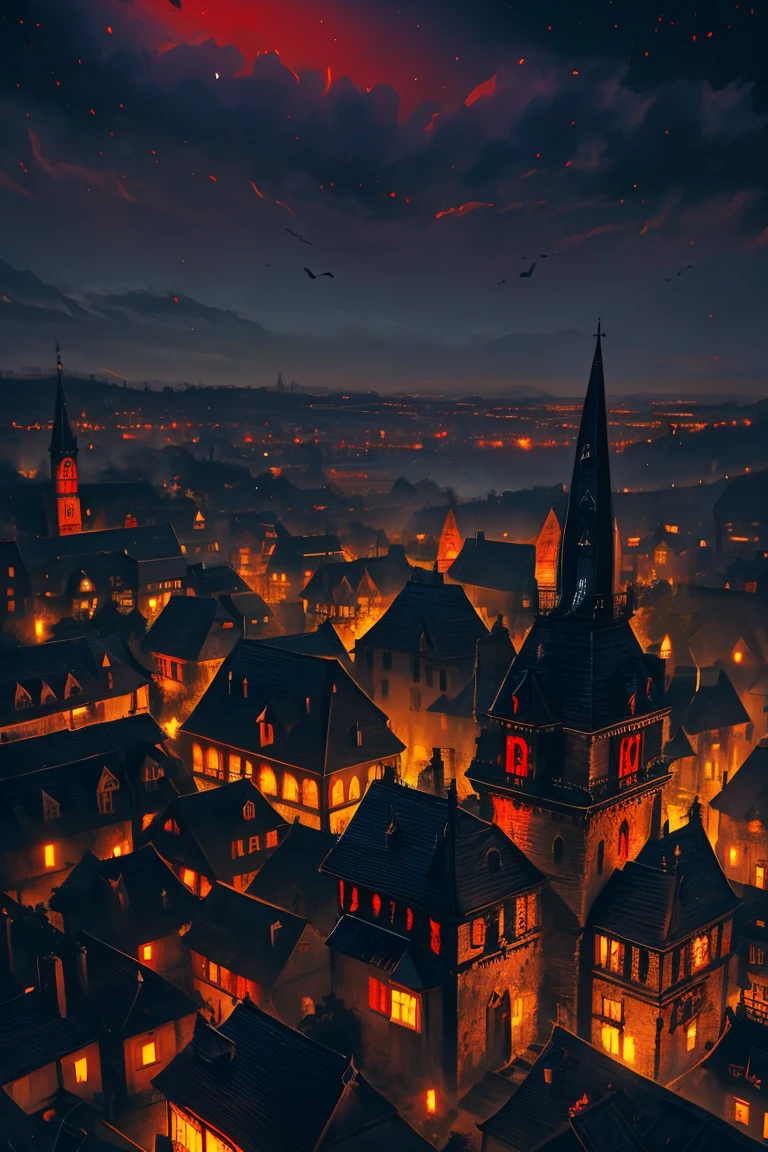 old European village shot with bird view, (Red glowing eyes), masterpiece, Depth of written boundary, Lutz, Gwaites style artwork, Gothic aesthetics, Dark Vampire village, ((in the dark gothic style cathle:1)), ((dark mid-night time:1.5)),