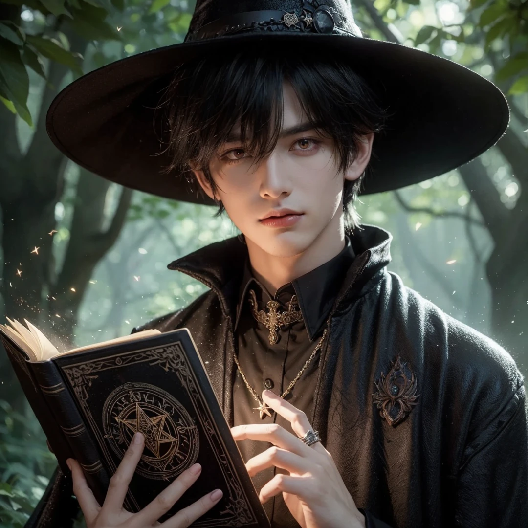 Handsome boy, black hair, red eyes, wearing black witch hat, wearing black witch clothes, holding a black magic book, magic forest background