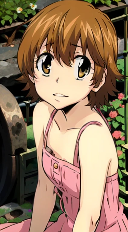 kyoko1, 1girl, short hair, brown hair, pink striped dress, brown eyes, Masterpece, look at the views,Masterpece, ((masterpiece: 1.2)), smling,  garden, outdoors, head band, shose, longe sleves,