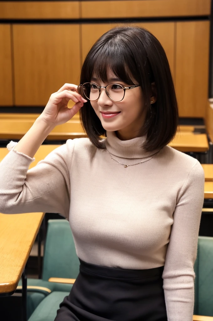 The charm of a sexy adult woman、University lecture hall, university psychology associate professor, ((full body)), ((photo)), ((best qualtiy, 8K, tmasterpiece:1.3)), Focus:1.2, perfect figure beautiful woman:1.41woman, cowboy shot, look at viewer, eyes facing the camera, incredibly absurd, beautiful and cute woman with a photorealistic face, showcasing top-quality craftsmanship, A Japanese woman giving a lecture at a university lecture hall, 27 years old, with a bob cut and flipped hair, short bangs swept at an angle, smooth and shiny hair, natural hairline, fair and smooth skin, plump and healthy cheeks, large, jet black eyes, round eyes, long and upward-facing eyelashes, double eyelids, thin and straight eyebrows, small and round nose, plump lips, upturned corners of the mouth, charming smile, cute face, glamorous, well-balanced proportions, tall, beautiful D-cup breasts, silver-rimmed glasses, pink blouse, black tight skirt, fashion with a waist-marked silhouette, scarf, heeled shoes, vanilla perfume, beautiful, pretty older woman, glasses suit her, knowledgeable, playful, curious, smart, elegant, November