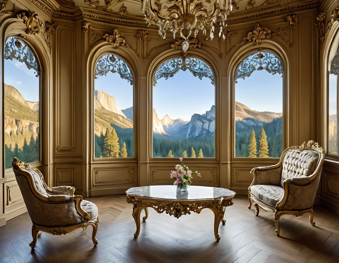 A sofa and a chair in a room with a large window, luxurious baroque rococo setting, Rococo style, ornate retreat, Rococo and Art Nouveau fusion, rococo architecture, ornate furniture, rococo and baroque styles, neo-rococo expressionist style, Rococo and Art Nouveau, Yosemite National Park in the background, exquisitely ornate, rococo baroque, elegant and ornate