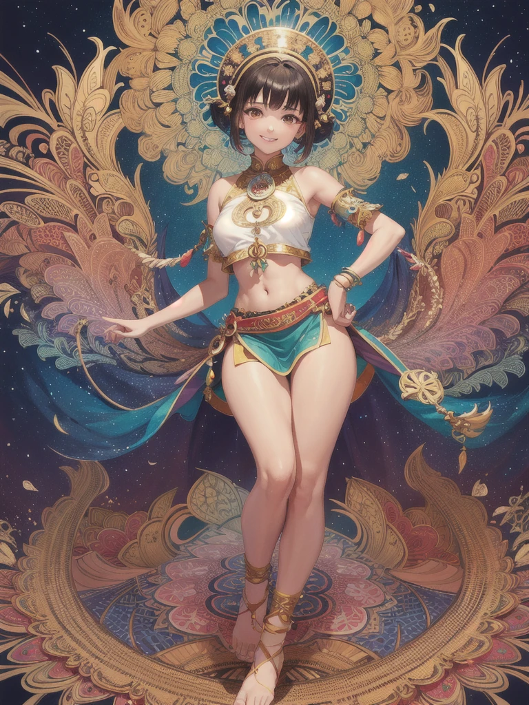 (masterpiece, top quality, best quality, official art, very colorful, wide angle, top to toes, beautiful and aesthetic:1.2), (1girl:1.3), (fractal art:1.3), Javanese  with brown eyes, black short hair, and brown skin. She's 18 years old. Small breast. Wearing Javanese traditional clothes with see-through transparent pelvic curtain, croptop, underboob, navel, thighs, legs. Very detailed anatomy, millions of colors background. Smiling happily.