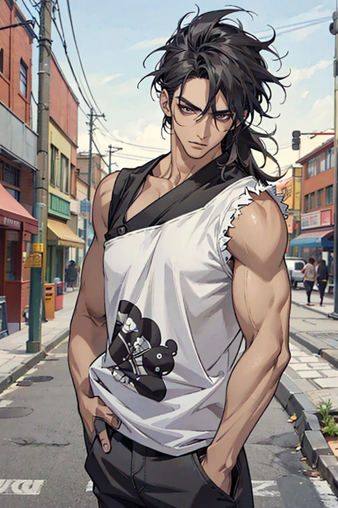 ((Artwork)), ((4K)), ((Anime style)), ((Detailed)), 1 man, dark skin, mullet hair, big nose, monolith eyes, medium lip, nose piercing , muscular body, has an oriental tattoo on his left arm, black sleeveless shirt, loose white pants with several pockets, hands in pockets, serious look, looking at the viewer, dynamic screen, city scene at night.