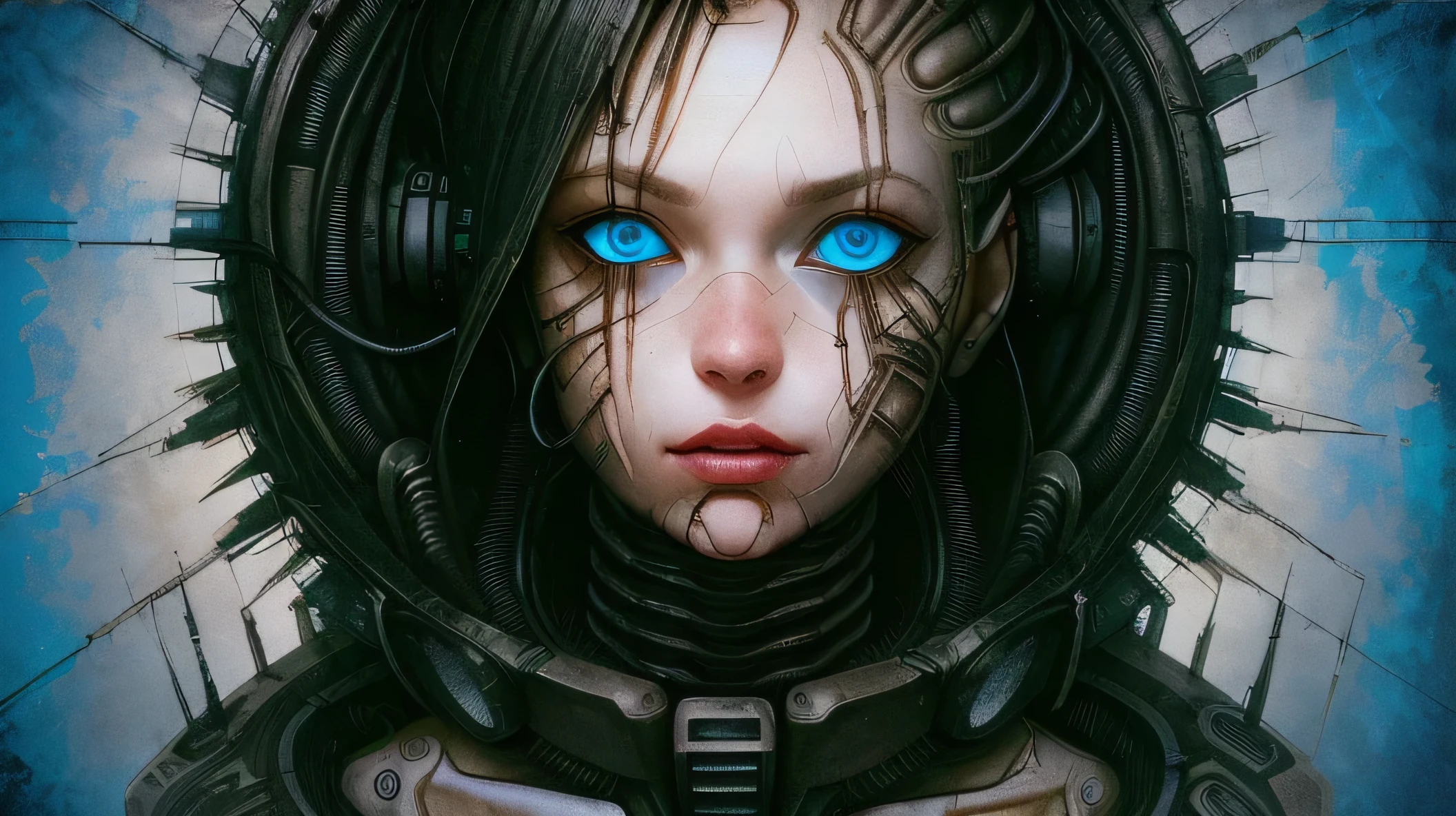 woman's bust is flying in the sky turning into alien spaceship, massive structure entangled by wires and tubes, woman's face with spiky implants instead of hair and blue eyes in front of a grunge background, a painting of a beautiful girl with bright blue eyes, edges of her face disappearing turning into wires, edges of face disappearing turning into wires and tubes, edges of face disappearing turning into wires, edges of her face and body disappearing turning into ribbons and paper cuts,  face and body disappearing turning into wires, horrifying implants on the top of her head, grunge background, a close up portrait of a girl in style of AIDA_ColGruBioMec, (artwork by AIDA_ColGruBioMec:1.3) 