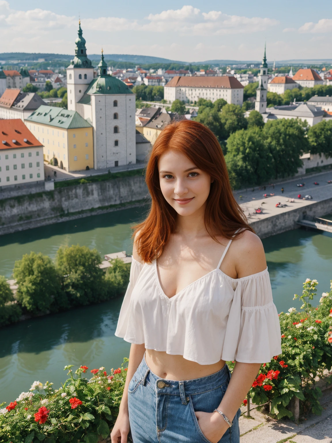 Emily Richardson, 1girl, solo, (((consistent face and image))), ((20 years old)), realistic, photorealistic, (red cranky hair), short hair, (((Caucasian mature woman))), (Swiss woman), (Swiss nose), (Swiss thick lips), posing outside the Picturesque island commune with stunning medieval architecture, upper body and upper legs, smirking