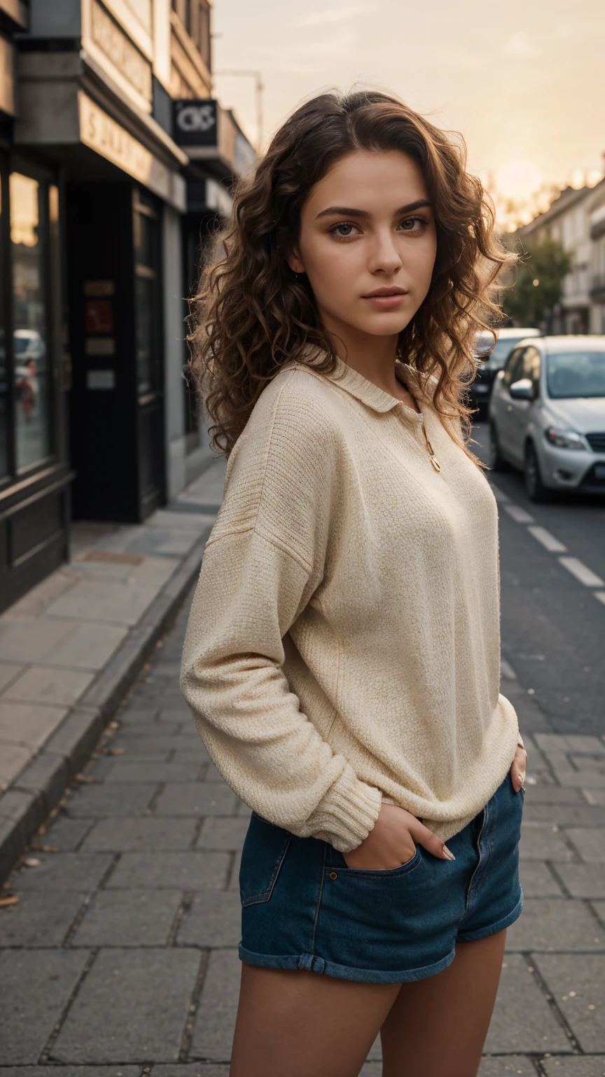 A photorealistic portrait of a young European female model with big, curly brown hair, wearing fashionable street clothes, shown in a mid-shot capturing her confident stance, 6k resolution, intricate details on her hair texture and clothing, set against a urban street backdrop with a mix of modern and classical architecture, highlighted by soft evening sunset lighting.