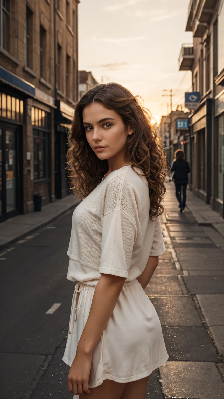 A photorealistic portrait of a young European female model with big, curly brown hair, wearing fashionable street clothes, shown in a mid-shot capturing her confident stance, 6k resolution, intricate details on her hair texture and clothing, set against a urban street backdrop with a mix of modern and classical architecture, highlighted by soft evening sunset lighting.