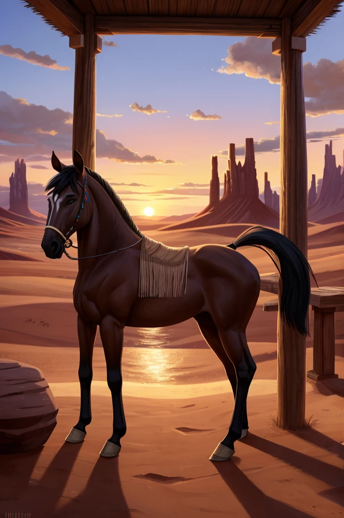 There is on adult character on this picture. The character is a slender anthropomorphic male brown horse, brown fur, slender character, slender, barefoot, digitigrade, hooves, horse tail. The character is dressed as a native american. Native american clothes. The character is wearing a loincloth. Male bare chest, bare chested male, topless male, black nipples, black areolas, visible black balls behind the loincloth, black balls, visible black testicles behind the loincloth, black testicles, visible black penis behind the loincloth, black penis, ass, butt, nsfw. The scene takes place on monument valley. Western movie environment on the background. Sunset. Warm light. Warm atmosphere. Fullbody. Full body.