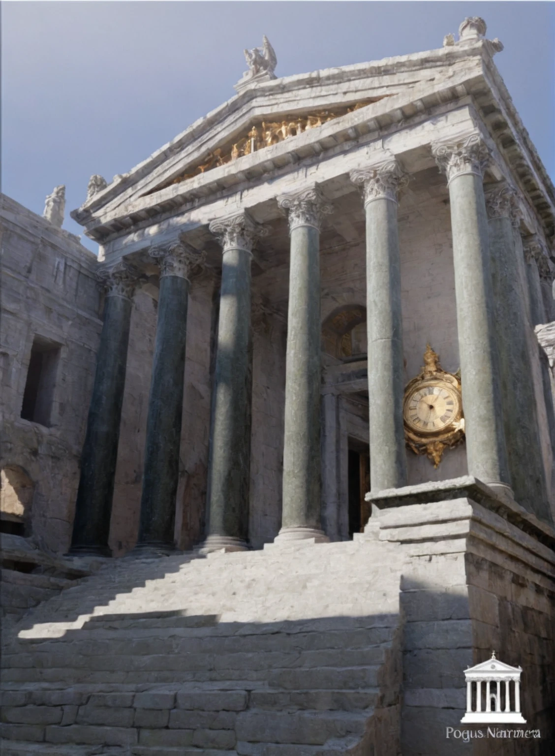 arafed building with a large column and a clock on top, by Pogus Caesar, mausoleum tall ruins, surrealistic roman architecture, mausoleum ruins, temple of the sun, ancient temple, by Tom Wänerstrand, old roman style, monumental giant palace, by Giorgio Cavallon, by Jordan Grimmer, taken on iphone 14 pro