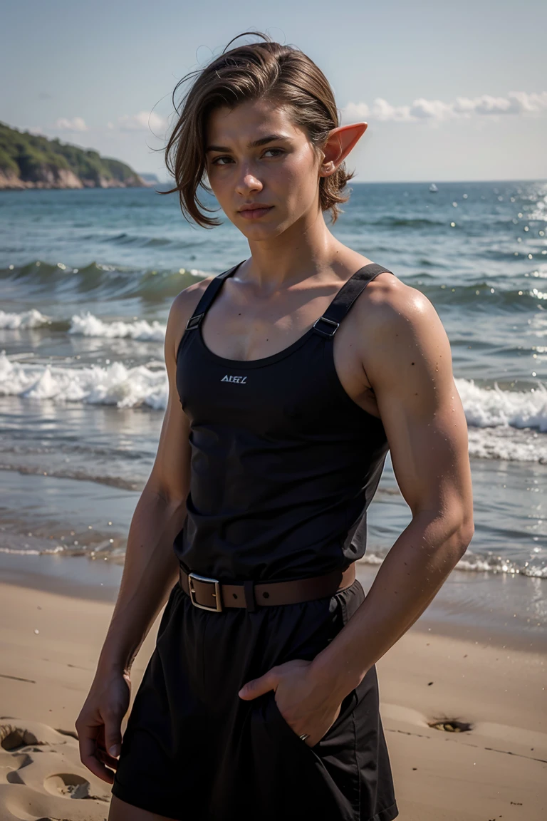 A 16-year-old elf man with long desaturated brown hair, his eyes is black on one side and brown on the other. He's wearing a dress and is standing in front of the beach